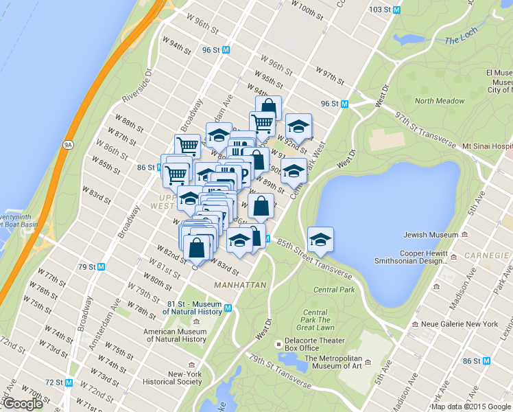 map of restaurants, bars, coffee shops, grocery stores, and more near 7 West 87th Street in New York