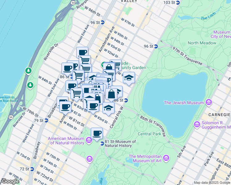 map of restaurants, bars, coffee shops, grocery stores, and more near 50 West 87th Street in New York
