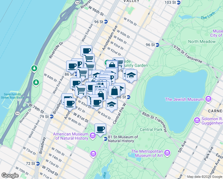 map of restaurants, bars, coffee shops, grocery stores, and more near 50 West 87th Street in New York