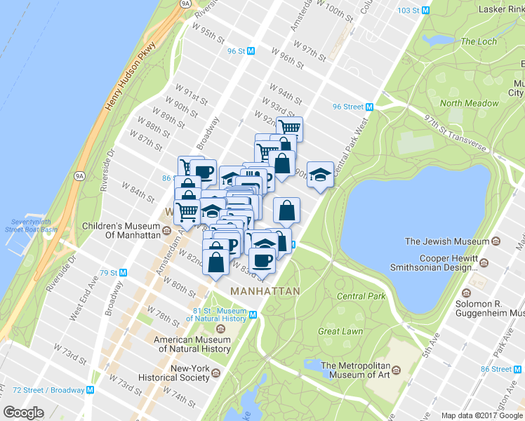 map of restaurants, bars, coffee shops, grocery stores, and more near 50 West 87th Street in New York