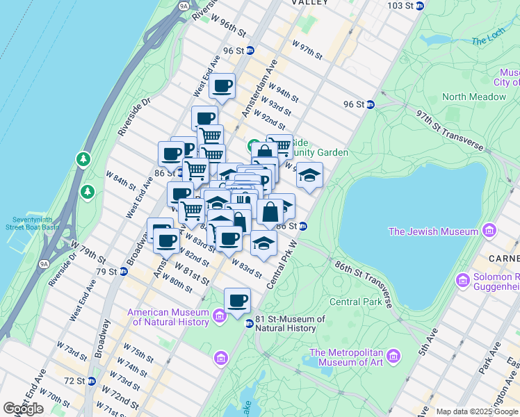 map of restaurants, bars, coffee shops, grocery stores, and more near 50 West 87th Street in New York
