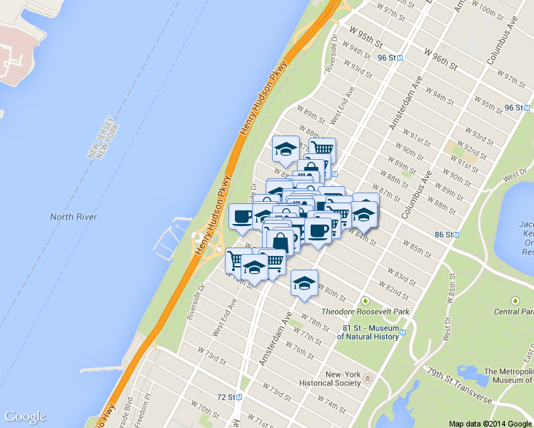 map of restaurants, bars, coffee shops, grocery stores, and more near 301 West 82nd Street in New York