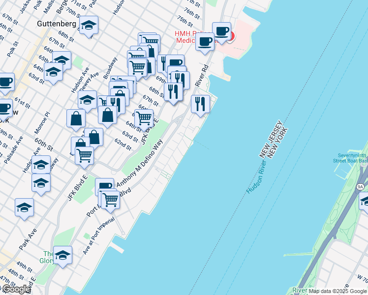 map of restaurants, bars, coffee shops, grocery stores, and more near 493 Fulton Court in West New York