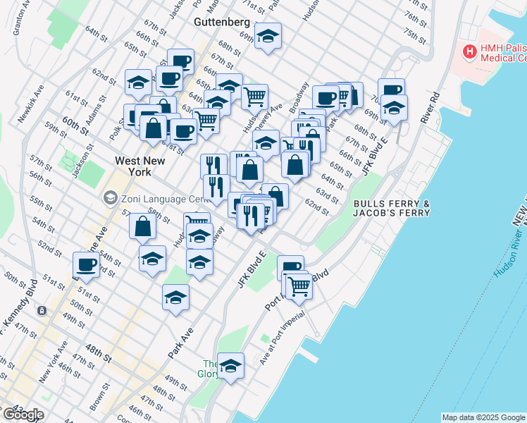 map of restaurants, bars, coffee shops, grocery stores, and more near 6035 Park Avenue in West New York