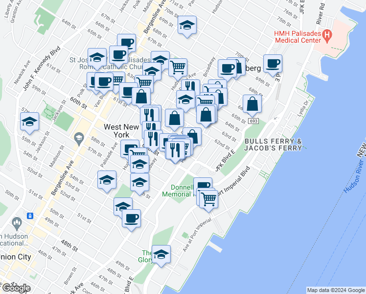 map of restaurants, bars, coffee shops, grocery stores, and more near 6035 Park Avenue in West New York