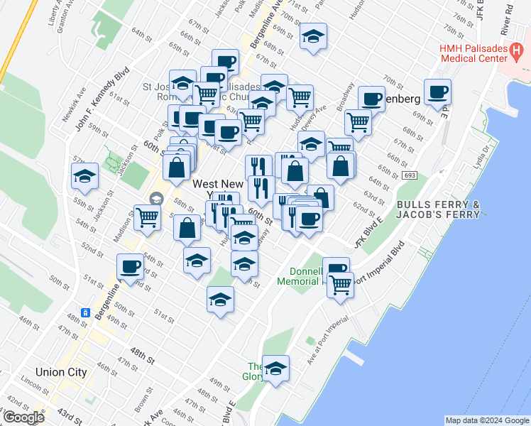 map of restaurants, bars, coffee shops, grocery stores, and more near 207 60th Street in West New York