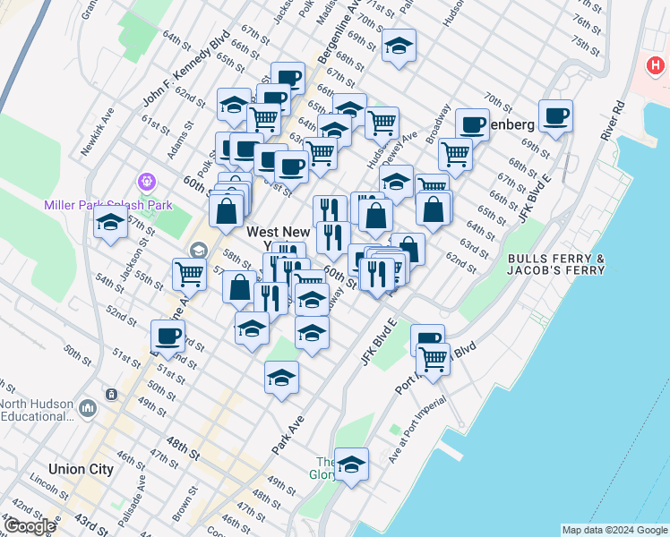 map of restaurants, bars, coffee shops, grocery stores, and more near 207 60th Street in West New York