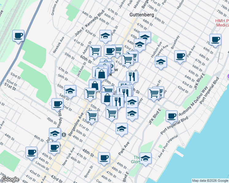 map of restaurants, bars, coffee shops, grocery stores, and more near 324 58th Street in West New York