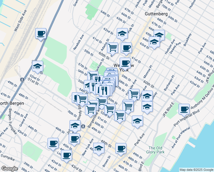 map of restaurants, bars, coffee shops, grocery stores, and more near 515 56th Street in West New York