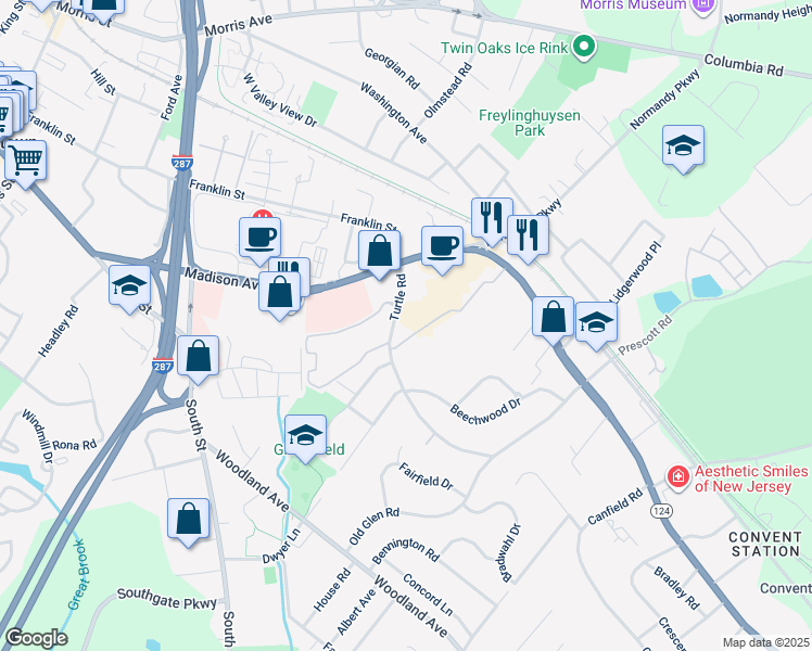 map of restaurants, bars, coffee shops, grocery stores, and more near 19 Village Drive in Morristown