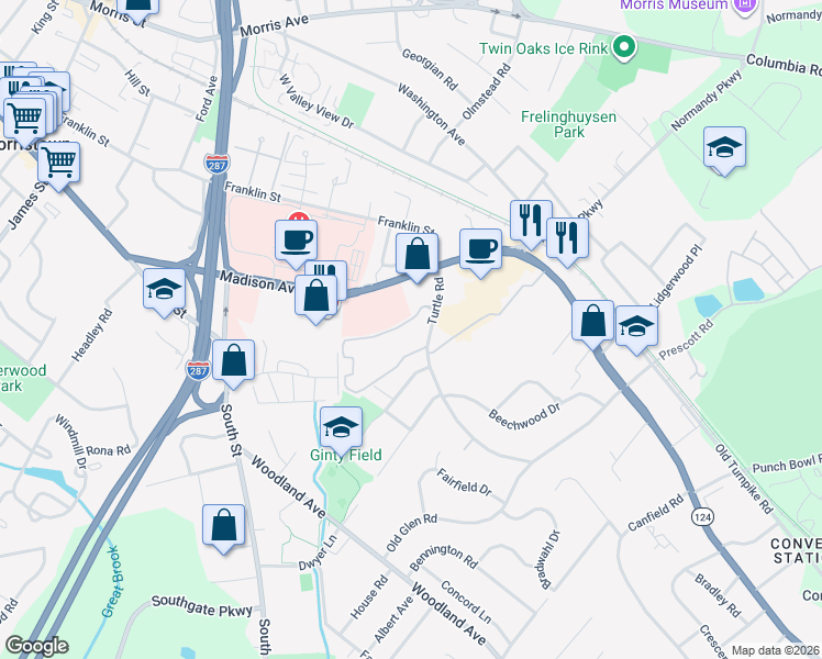 map of restaurants, bars, coffee shops, grocery stores, and more near 10 J Dorado Drive in Morristown
