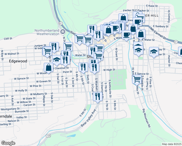 map of restaurants, bars, coffee shops, grocery stores, and more near 246 West Spruce Street in Shamokin