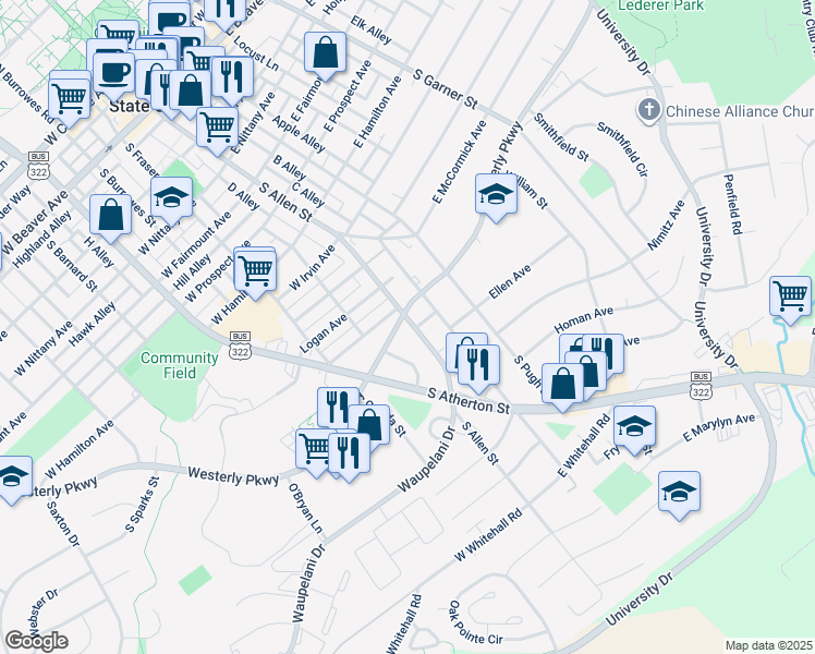 map of restaurants, bars, coffee shops, grocery stores, and more near 1120 South Allen Street in State College