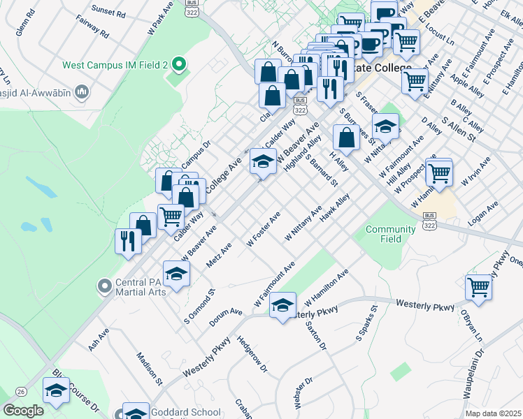 map of restaurants, bars, coffee shops, grocery stores, and more near 723 West Foster Avenue in State College