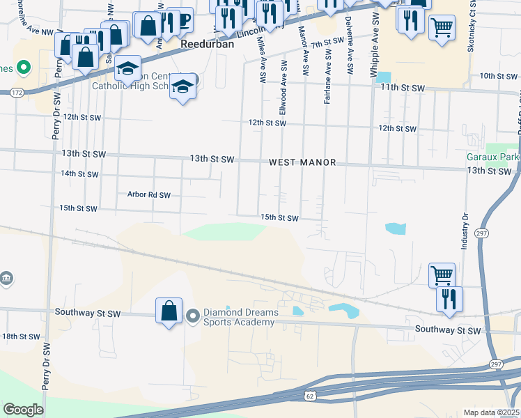 map of restaurants, bars, coffee shops, grocery stores, and more near 1448 Miles Avenue Southwest in Canton