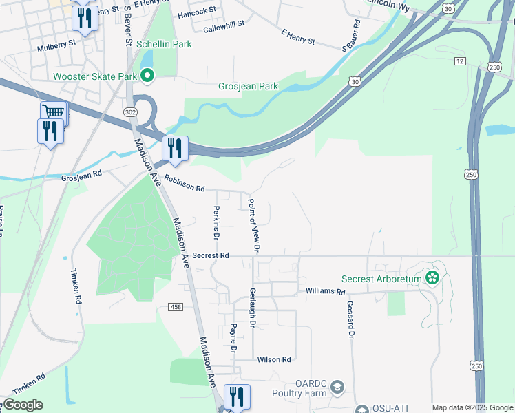 map of restaurants, bars, coffee shops, grocery stores, and more near 1120 Point of View Drive in Wooster