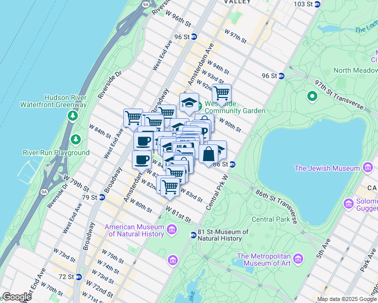 map of restaurants, bars, coffee shops, grocery stores, and more near 107 West 86th Street in New York