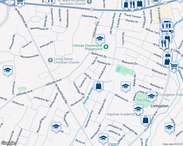 map of restaurants, bars, coffee shops, grocery stores, and more near 16 Demarest Road in Livingston