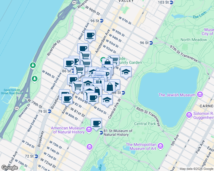 map of restaurants, bars, coffee shops, grocery stores, and more near 62 West 87th Street in New York