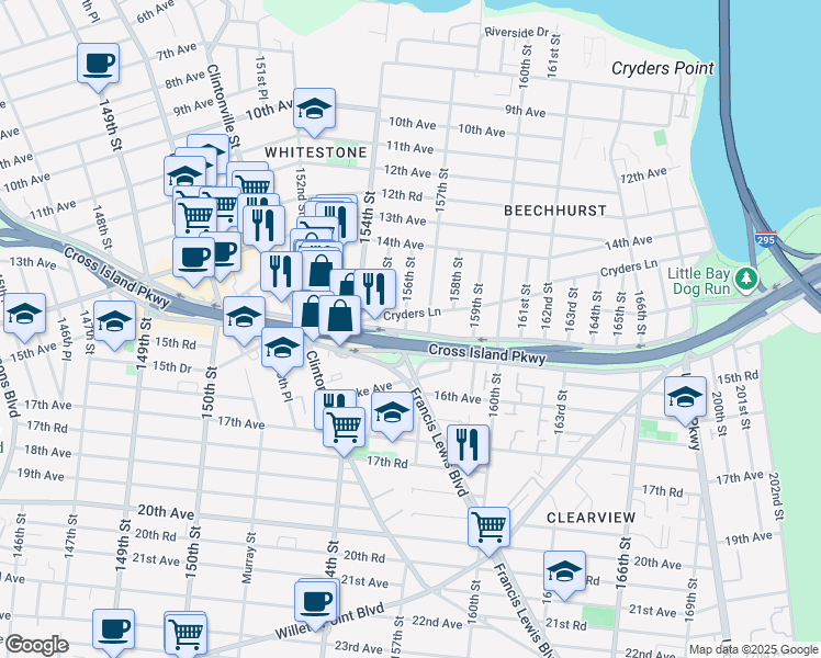 map of restaurants, bars, coffee shops, grocery stores, and more near 3 15th Avenue in Queens