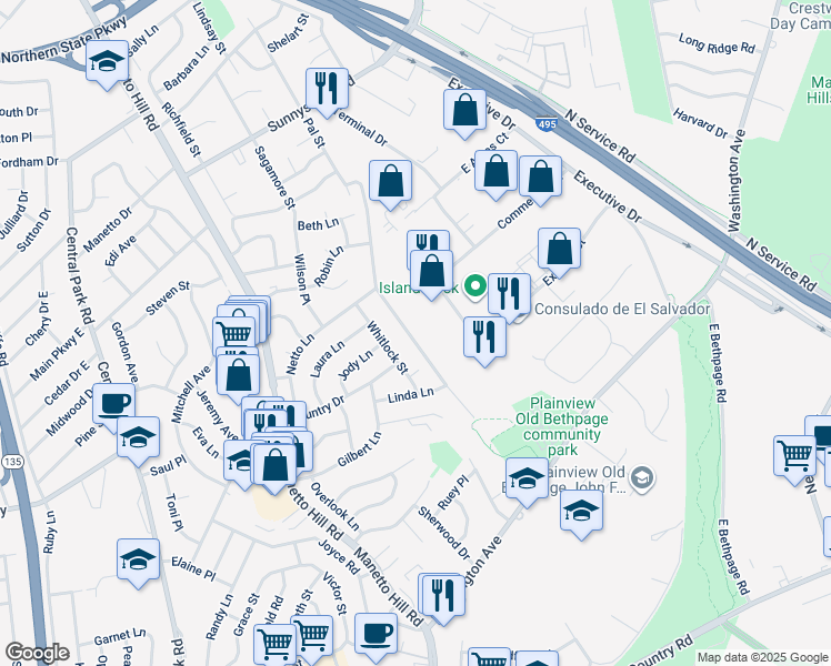 map of restaurants, bars, coffee shops, grocery stores, and more near 19 Whitlock Street in Plainview