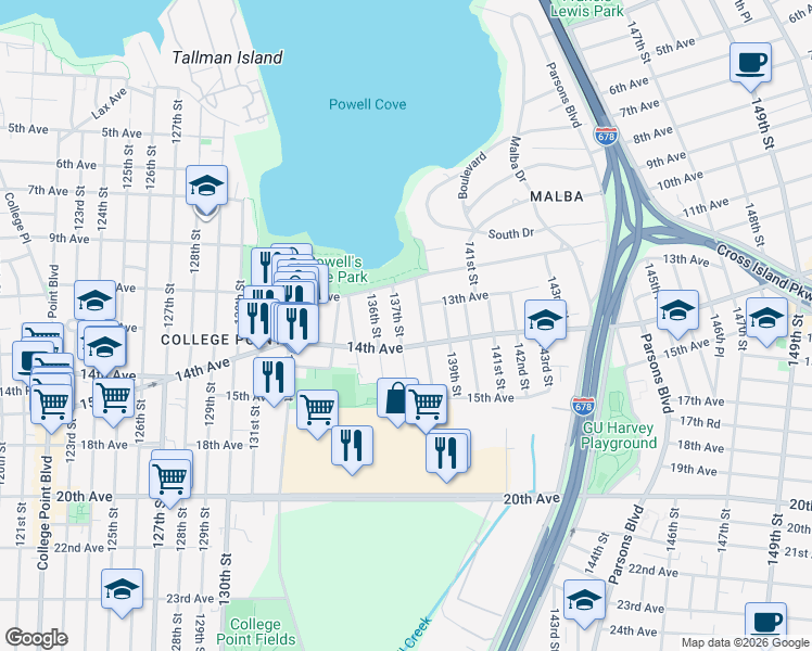 map of restaurants, bars, coffee shops, grocery stores, and more near 13-43 137th Street in Queens
