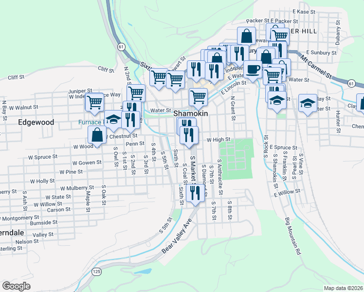 map of restaurants, bars, coffee shops, grocery stores, and more near 246 West Spruce Street in Shamokin