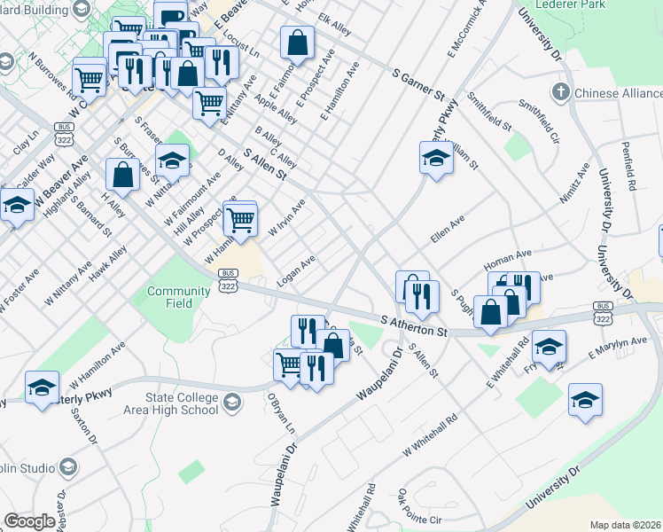 map of restaurants, bars, coffee shops, grocery stores, and more near 135 Sunrise Terrace in State College