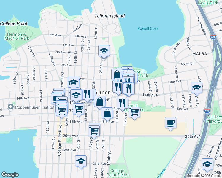 map of restaurants, bars, coffee shops, grocery stores, and more near 13-12 130th Street in Queens