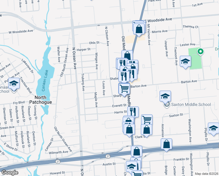 map of restaurants, bars, coffee shops, grocery stores, and more near 46 Clinton Avenue in Patchogue