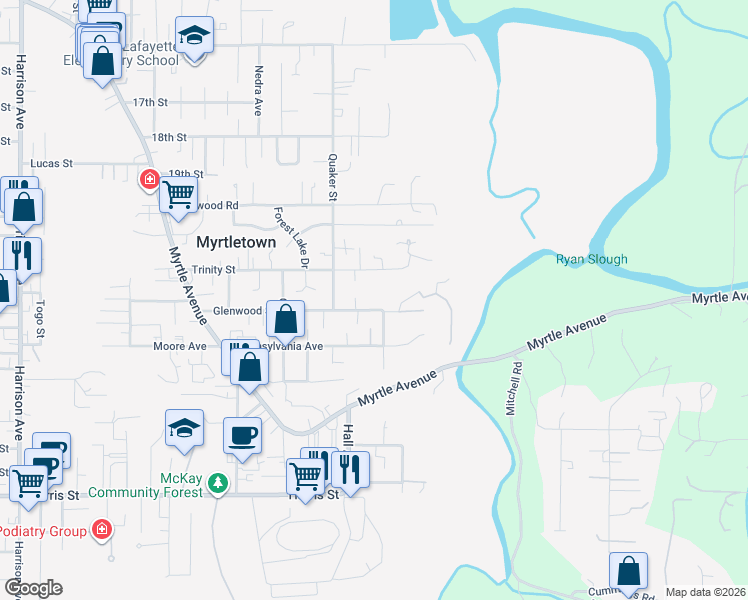map of restaurants, bars, coffee shops, grocery stores, and more near 3870-3882 Glenwood Street in Eureka