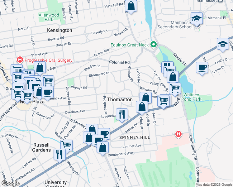 map of restaurants, bars, coffee shops, grocery stores, and more near 2 Spruce Street in Great Neck