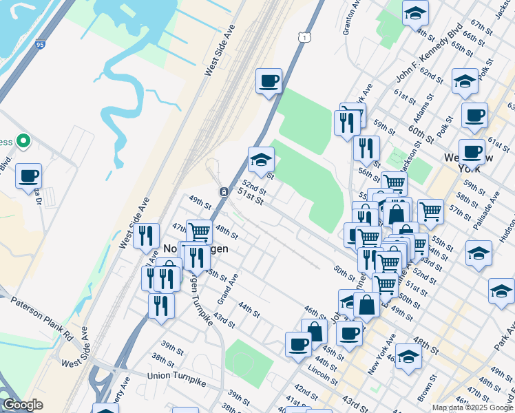map of restaurants, bars, coffee shops, grocery stores, and more near 5010 Columbia Avenue in North Bergen