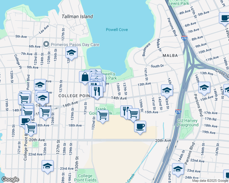 map of restaurants, bars, coffee shops, grocery stores, and more near 13-42 136th Street in Queens