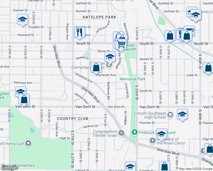 map of restaurants, bars, coffee shops, grocery stores, and more near 3040 Stratford Avenue in Lincoln