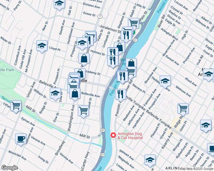 map of restaurants, bars, coffee shops, grocery stores, and more near 4 Rutgers Street in Belleville