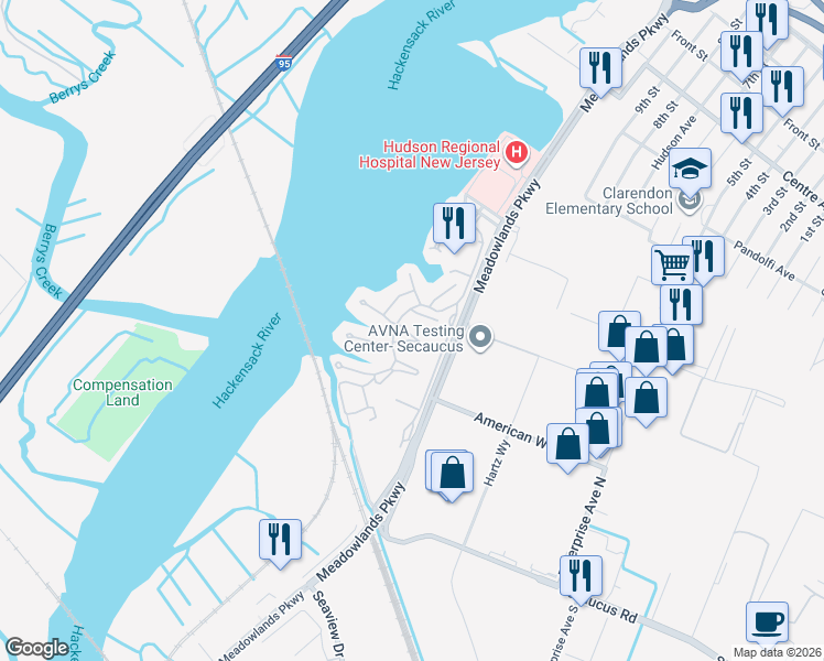 map of restaurants, bars, coffee shops, grocery stores, and more near 450 Dunlin Plaza in Secaucus