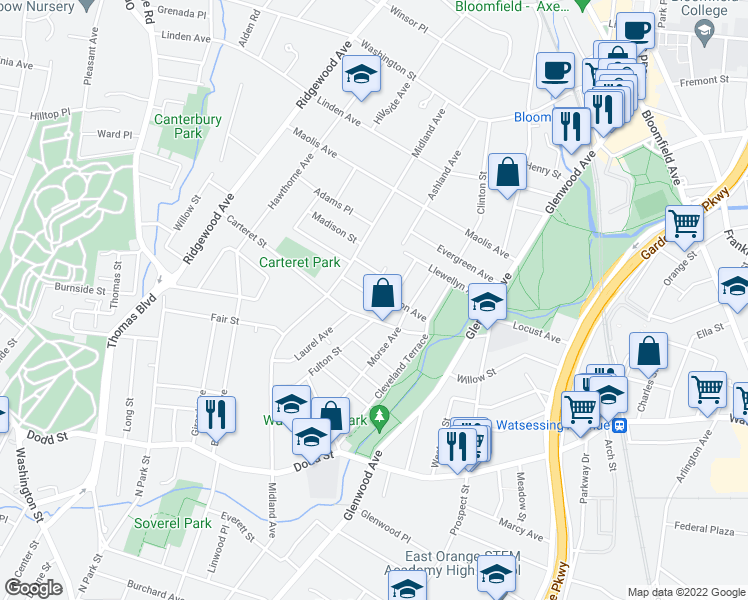map of restaurants, bars, coffee shops, grocery stores, and more near 61 Carteret Street in Bloomfield