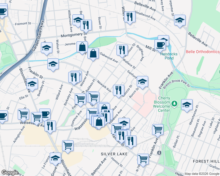 map of restaurants, bars, coffee shops, grocery stores, and more near 412 Watsessing Avenue in Bloomfield