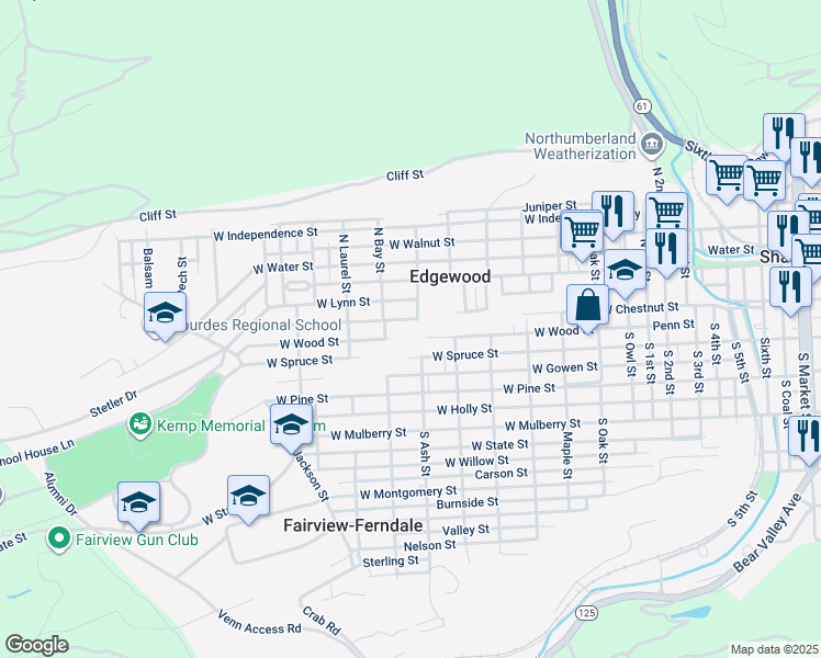 map of restaurants, bars, coffee shops, grocery stores, and more near 1301-1399 West Spruce Street in Northumberland County
