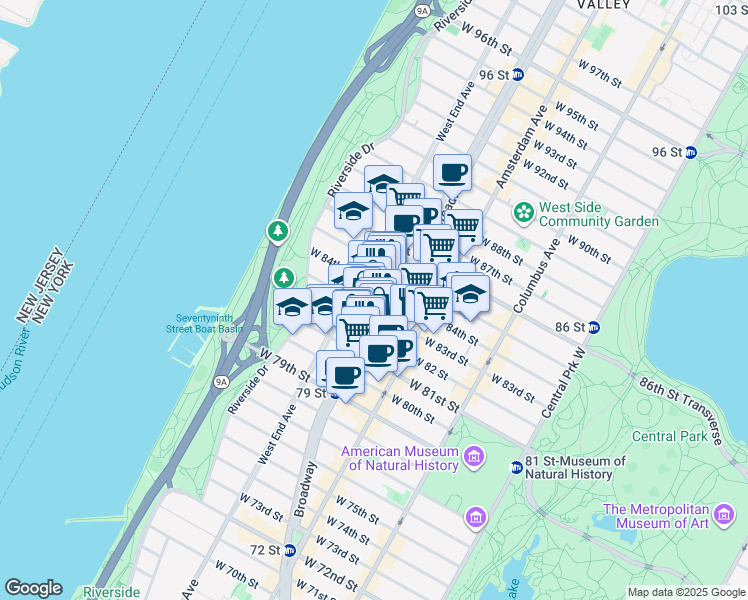 map of restaurants, bars, coffee shops, grocery stores, and more near 2299 Broadway in New York