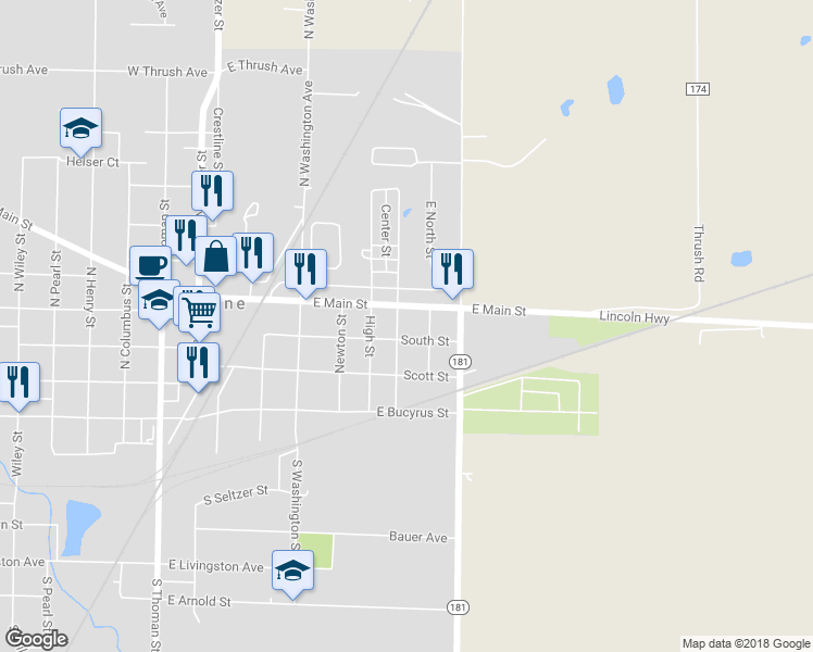 map of restaurants, bars, coffee shops, grocery stores, and more near 305 Saint James Street in Crestline