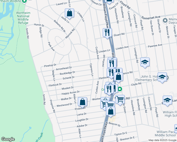 map of restaurants, bars, coffee shops, grocery stores, and more near 46 Rockledge Drive in Shirley