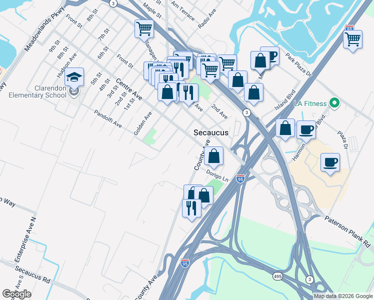 map of restaurants, bars, coffee shops, grocery stores, and more near 720 John Street in Secaucus