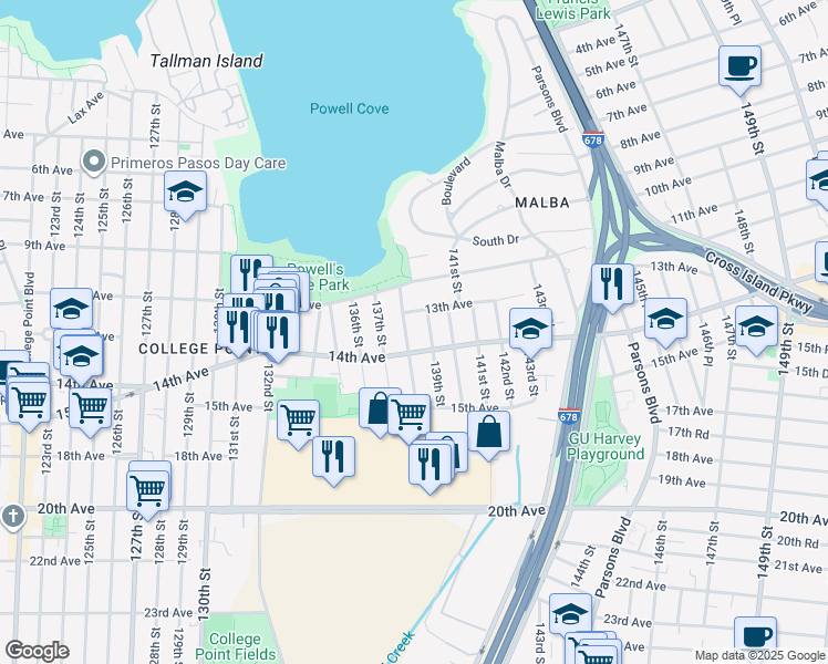 map of restaurants, bars, coffee shops, grocery stores, and more near 13-34 139th Street in Queens