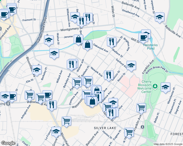 map of restaurants, bars, coffee shops, grocery stores, and more near 130 Harrison Street in Bloomfield