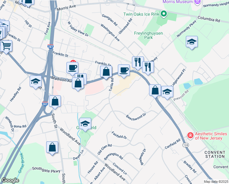 map of restaurants, bars, coffee shops, grocery stores, and more near 35 Turtle Road in Morristown