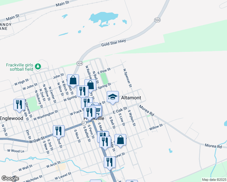map of restaurants, bars, coffee shops, grocery stores, and more near 21 North Line Street in Frackville