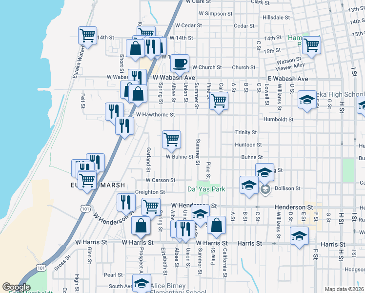 map of restaurants, bars, coffee shops, grocery stores, and more near 2325 Albee Street in Eureka
