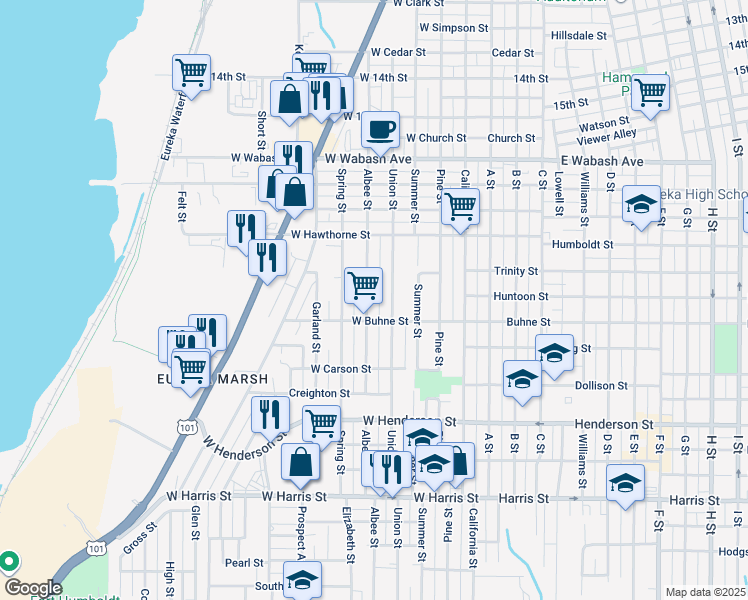map of restaurants, bars, coffee shops, grocery stores, and more near 2325 Albee Street in Eureka